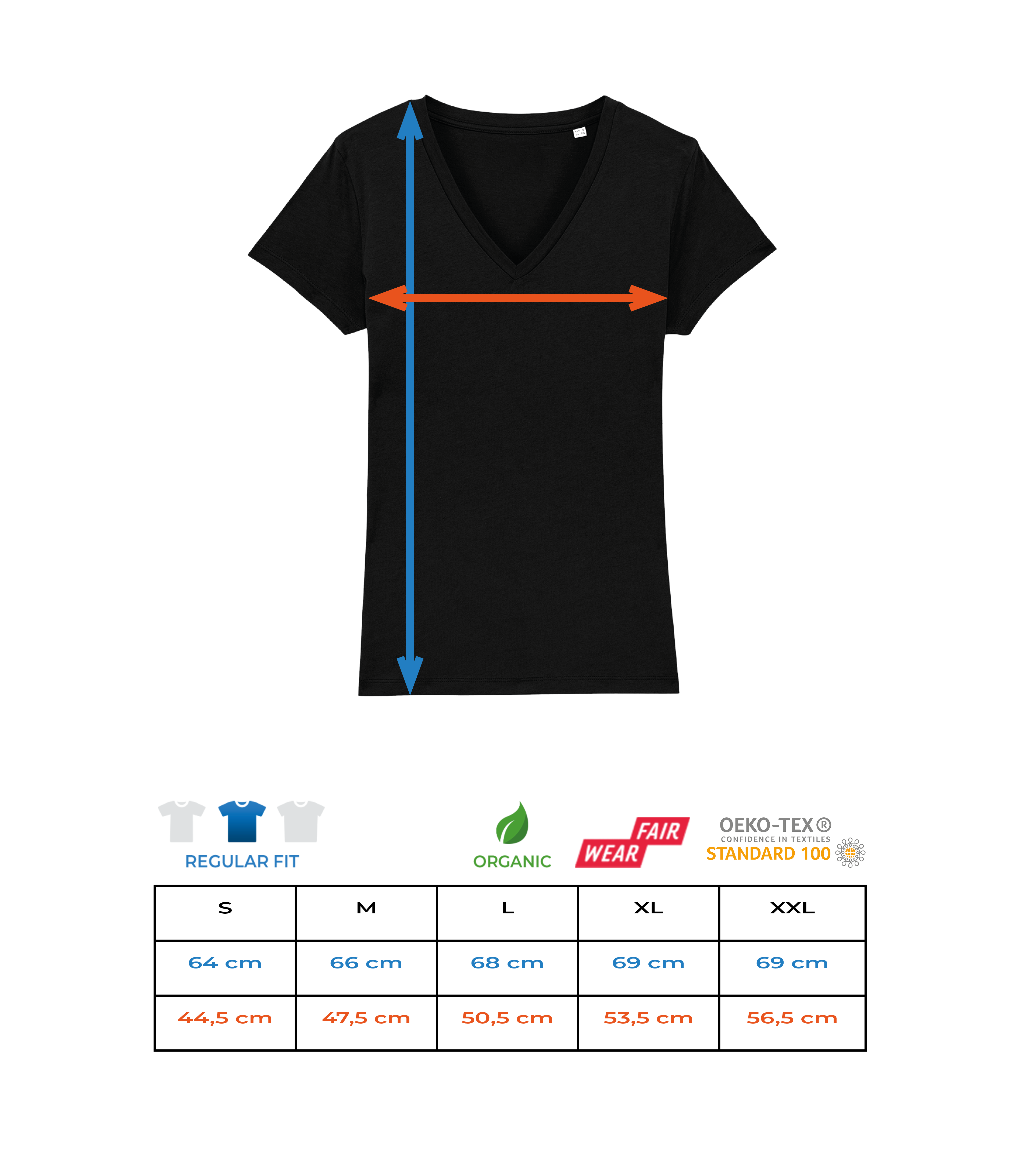 I Love Techno - T-Shirt femme col V en coton biologique Stanley Stella - Tableau des tailles
