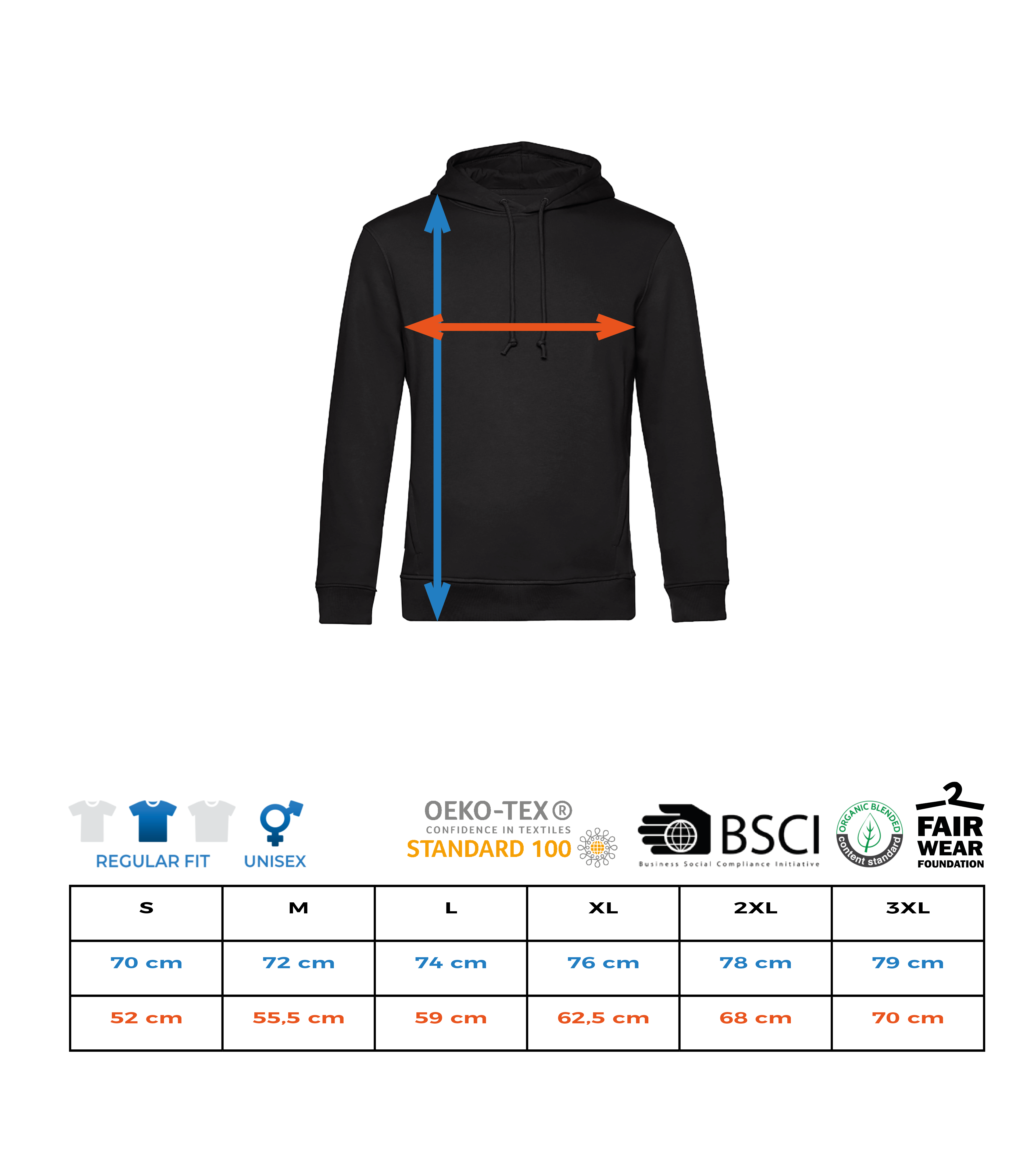 Männer Bio Hoodie mit seitlichen Taschen - Größentabelle