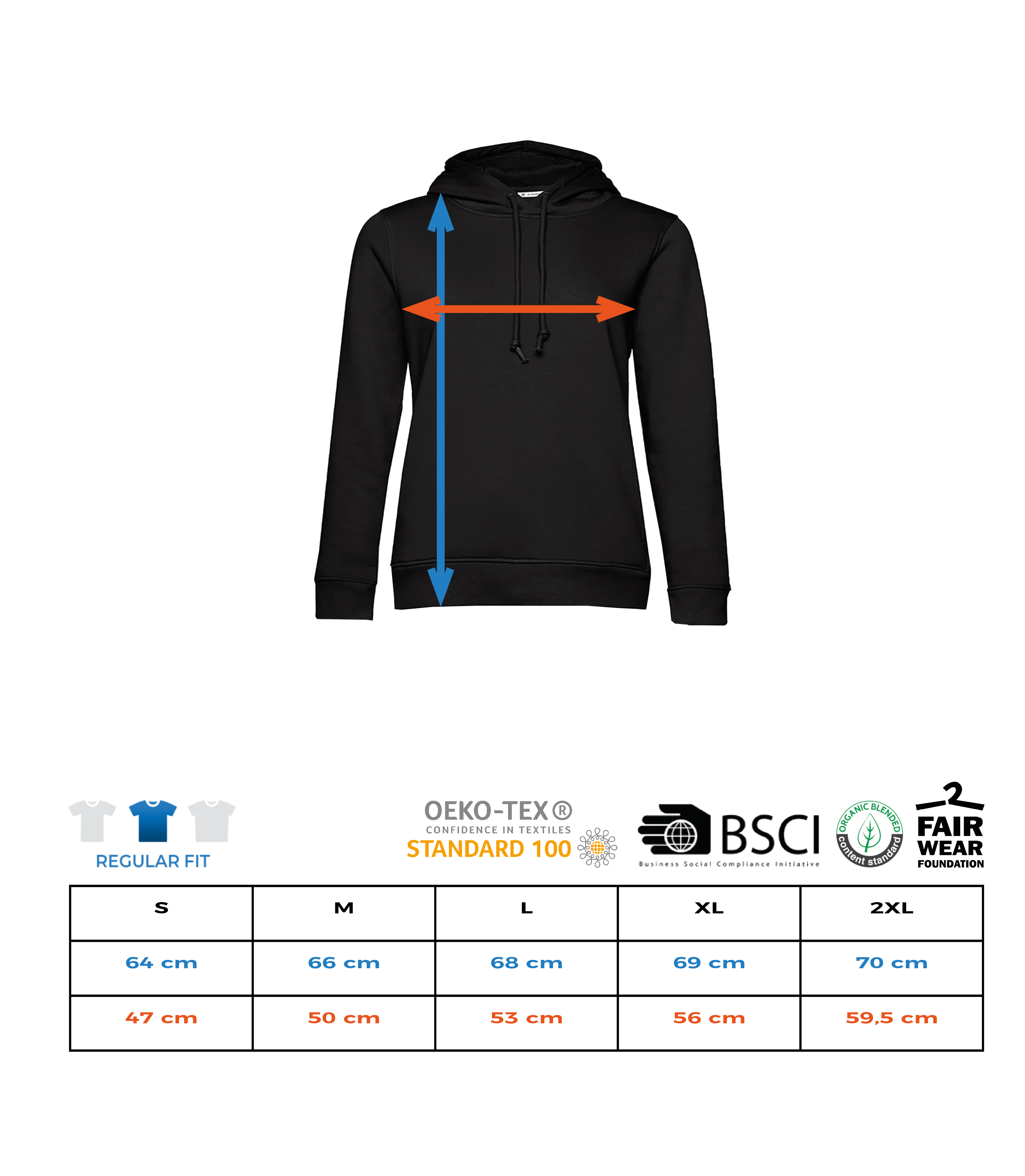 Aperçu:  Frauen Bio Hoodie mit seitlichen Taschen - Größentabelle
