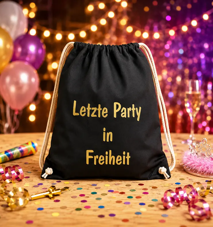Schwarzer Turnbeutel mit goldenem Aufdruck Letzte Party in Freiheit