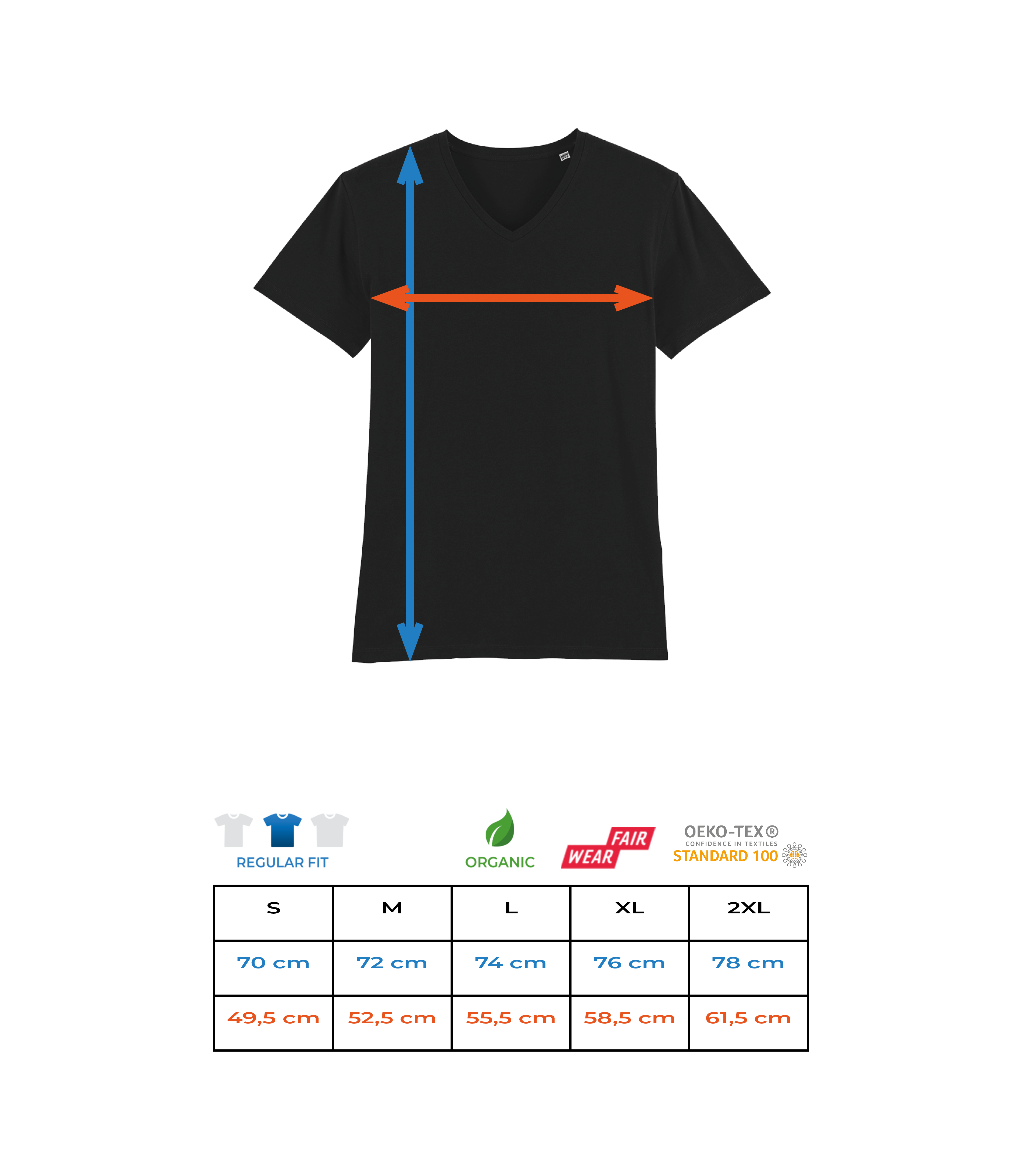 Männer Bio T-Shirt V-Ausschnitt Stanley Stella - Größentabelle