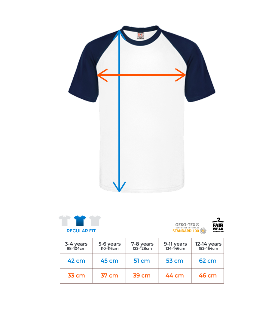 Kinder Baseball T-Shirt - Größentabelle