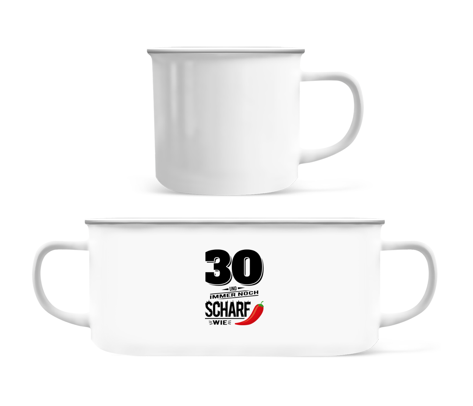 30 Und Scharf Wie Chili - Emaille-Tasse - Weiß - Vorne
