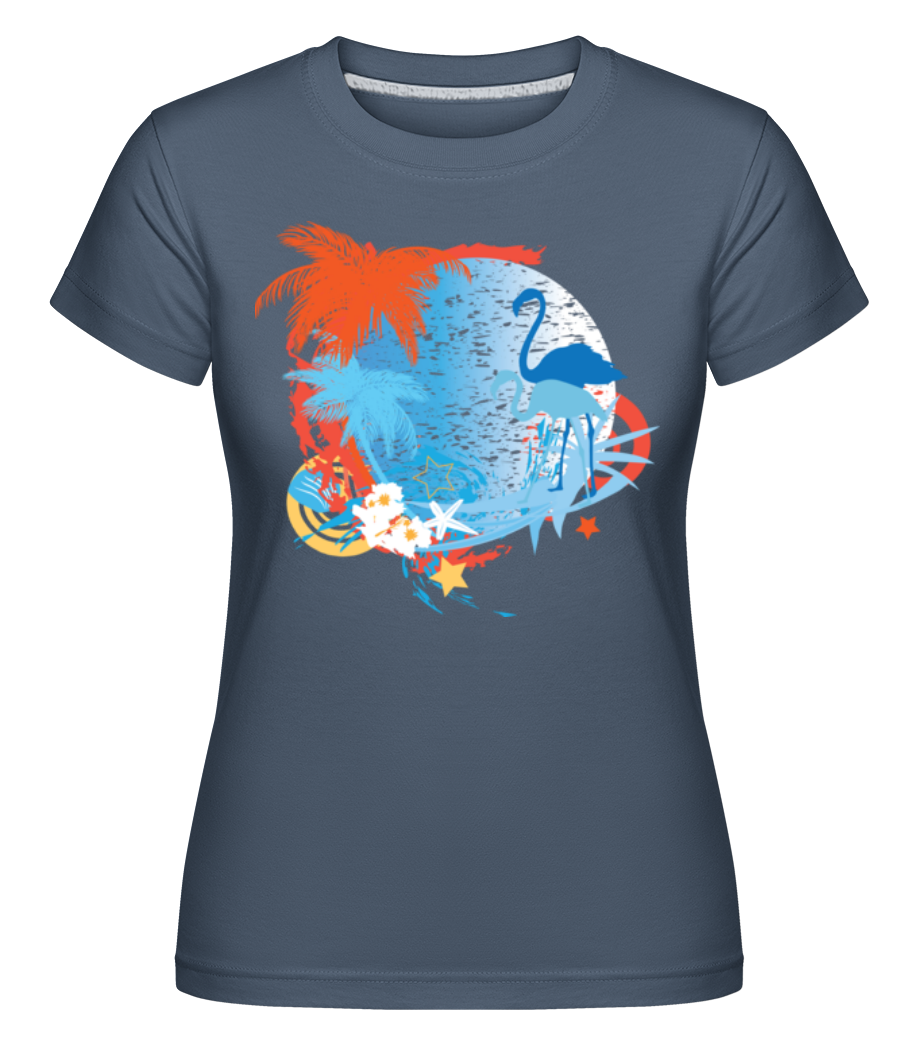 Flamingos In Paradise Blue/Orang -  T-shirt Shirtinator femme - Bleu denim - Devant