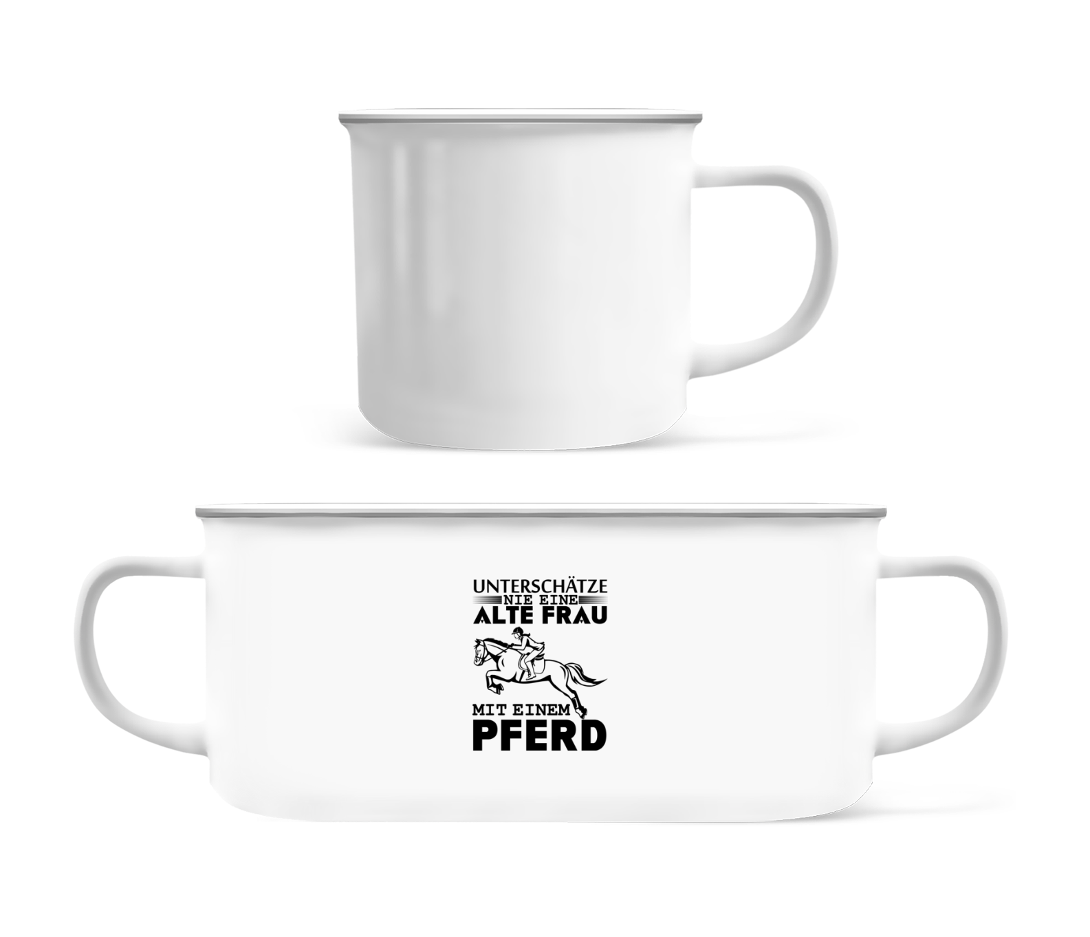 Alte Frau mit Pferd - Emaille-Tasse - Weiß - Vorne