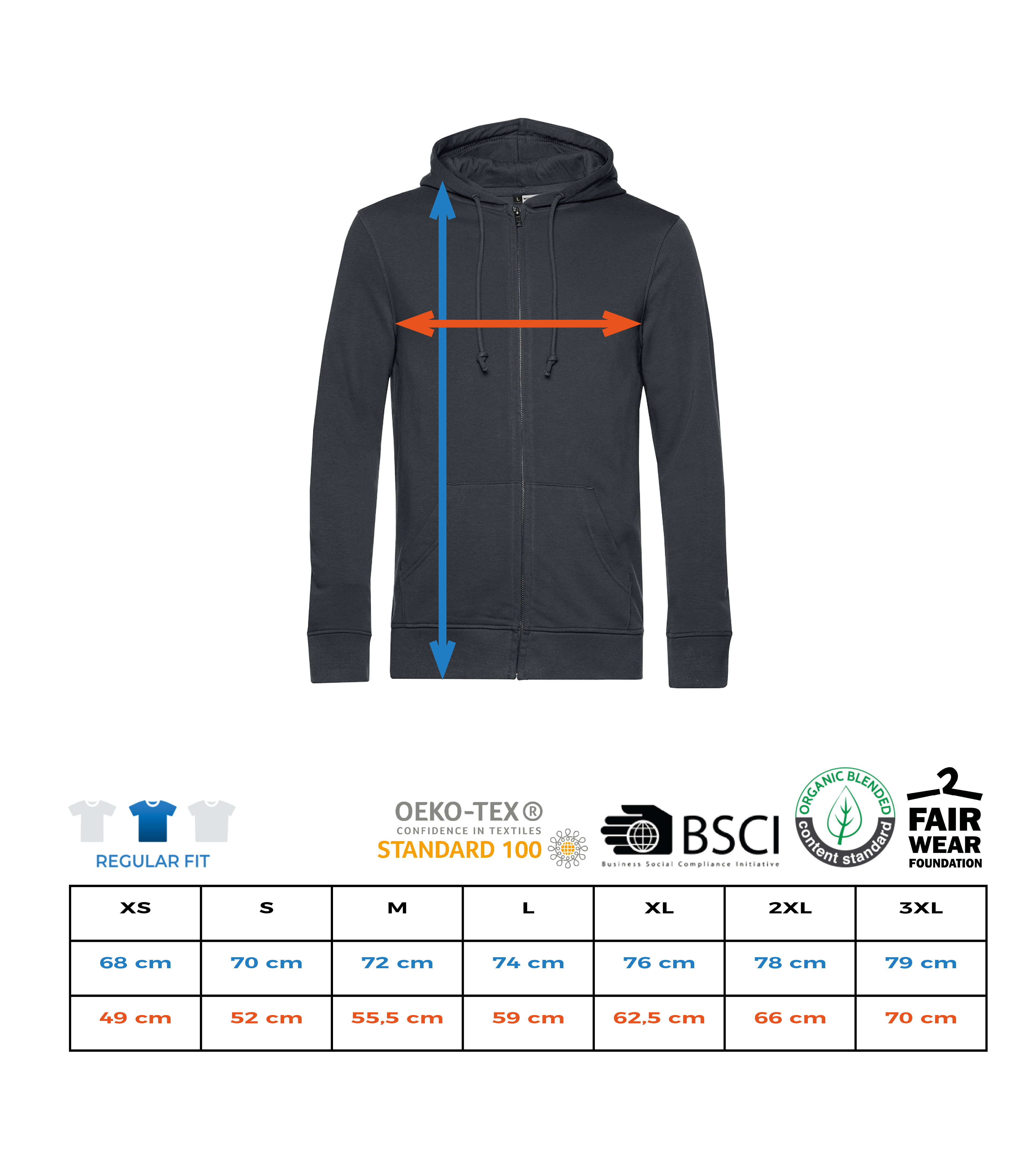 Aperçu: Unisex Bio Sweatjacke - Größentabelle