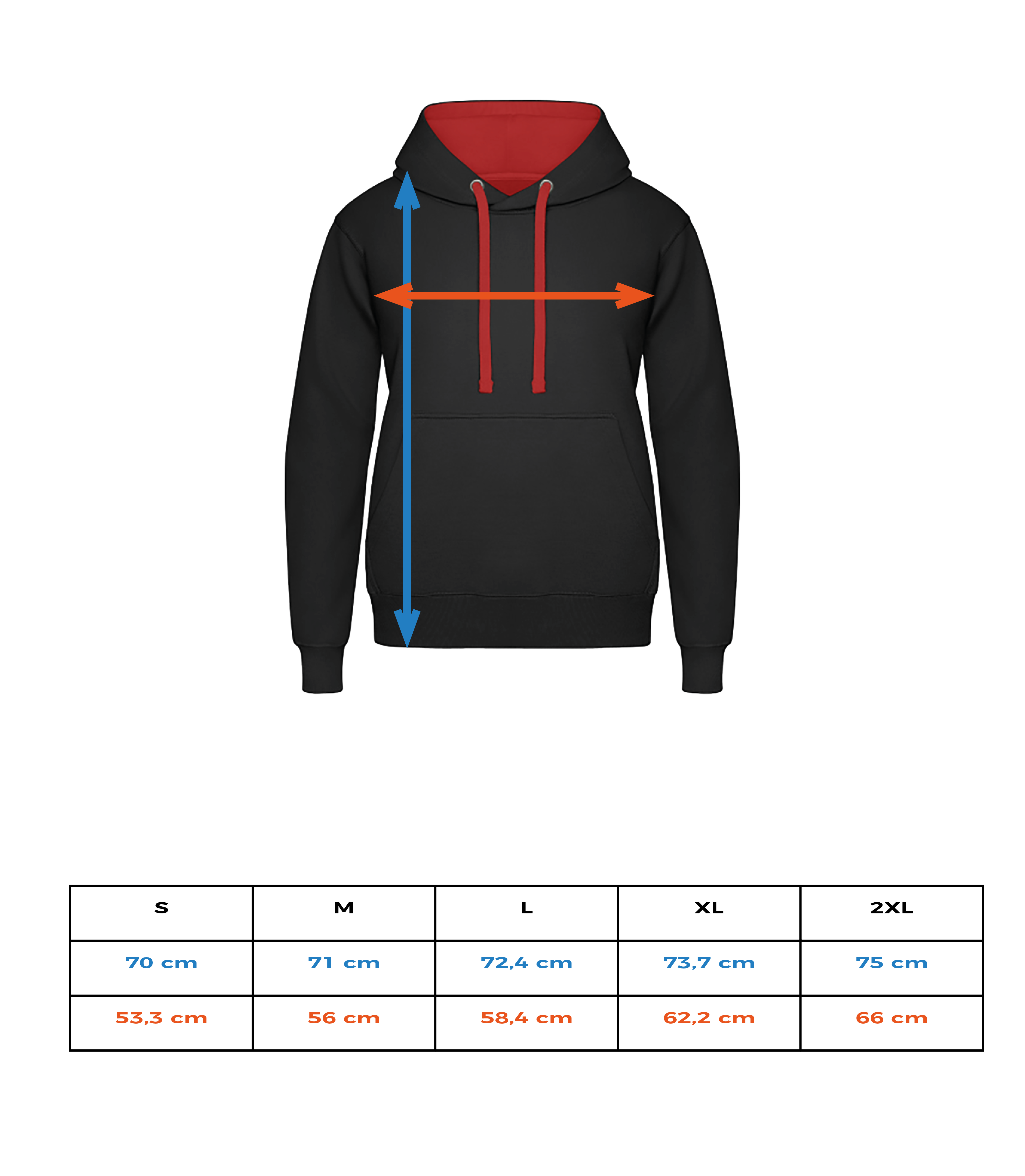 Unisex Hoodie zweifarbig - Größentabelle