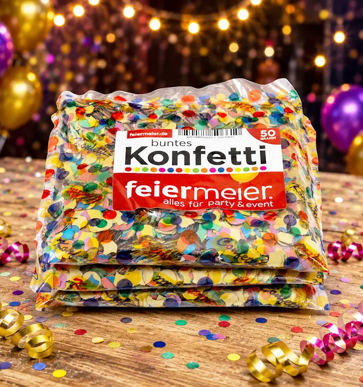 Sechs Beutel buntes Konfetti mit je 50 Gramm Inhalt