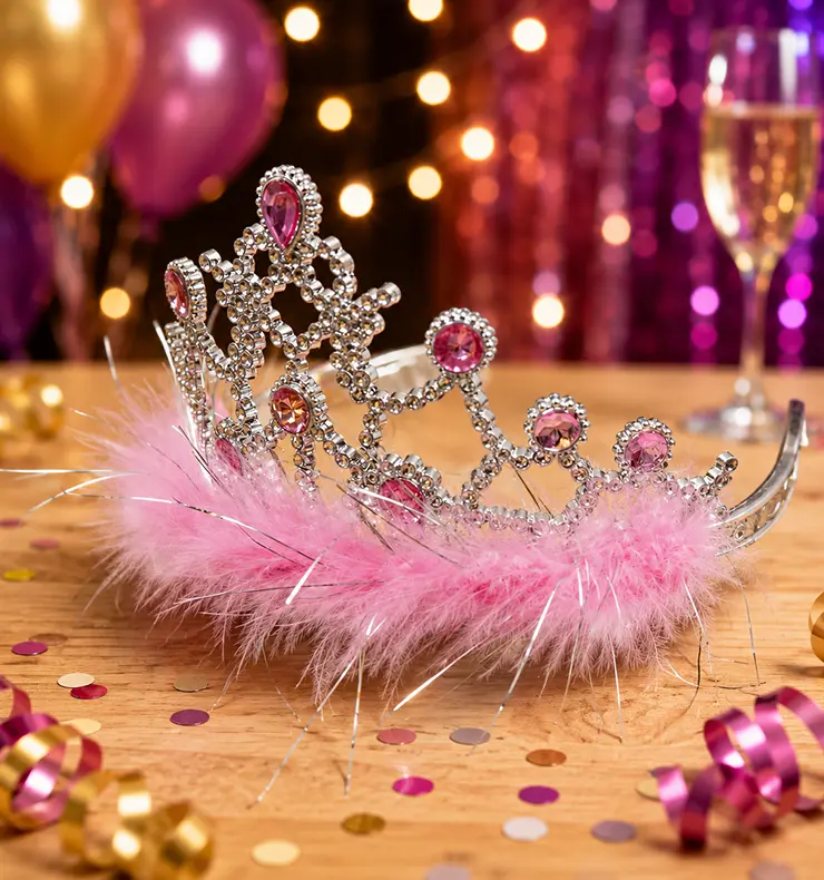 Glitzernde Krone mit rosa Federn und funkelnden Steinen