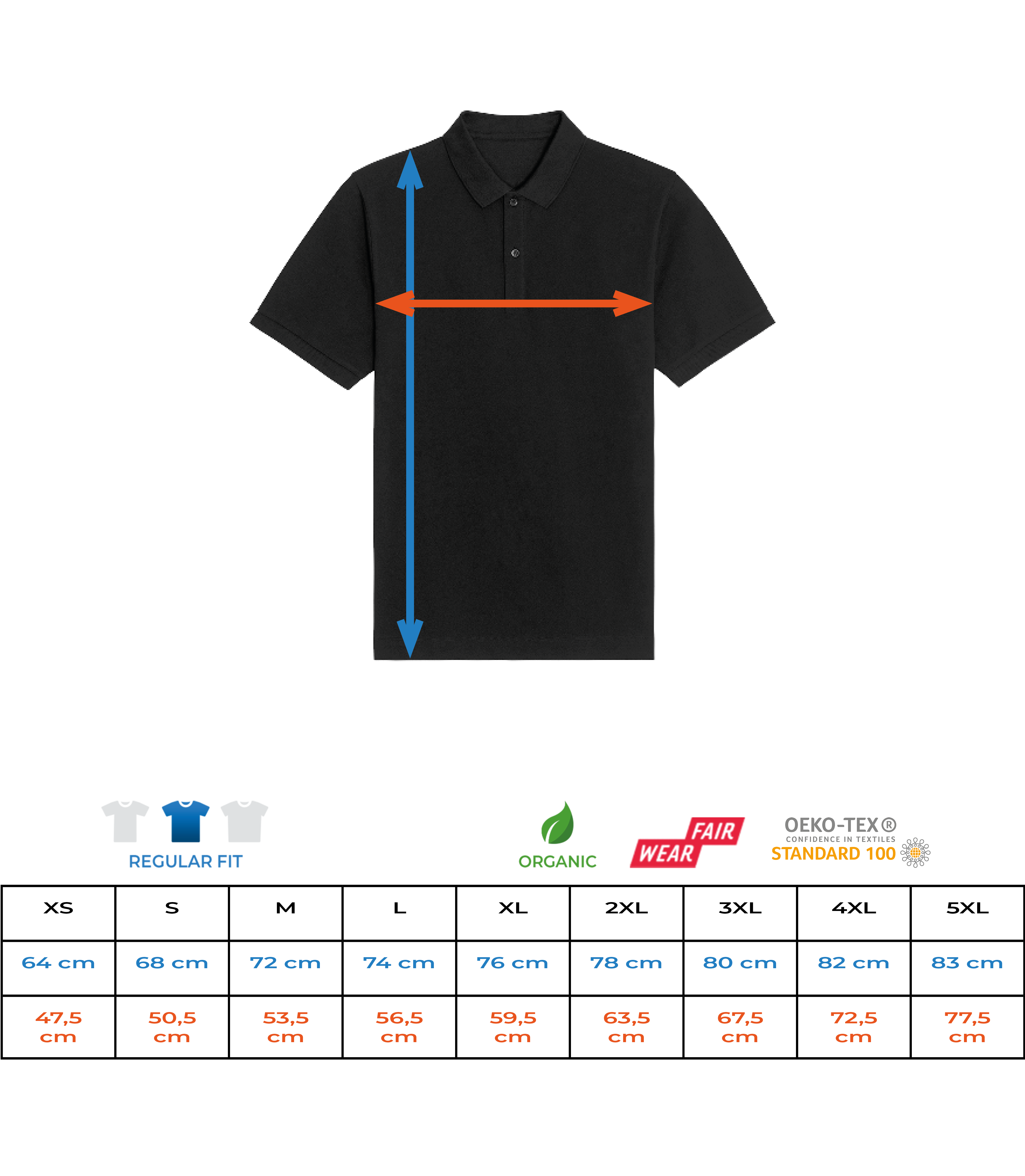 Polo unisexe en coton biologique Stanley Stella 2.0 - Tableau des tailles